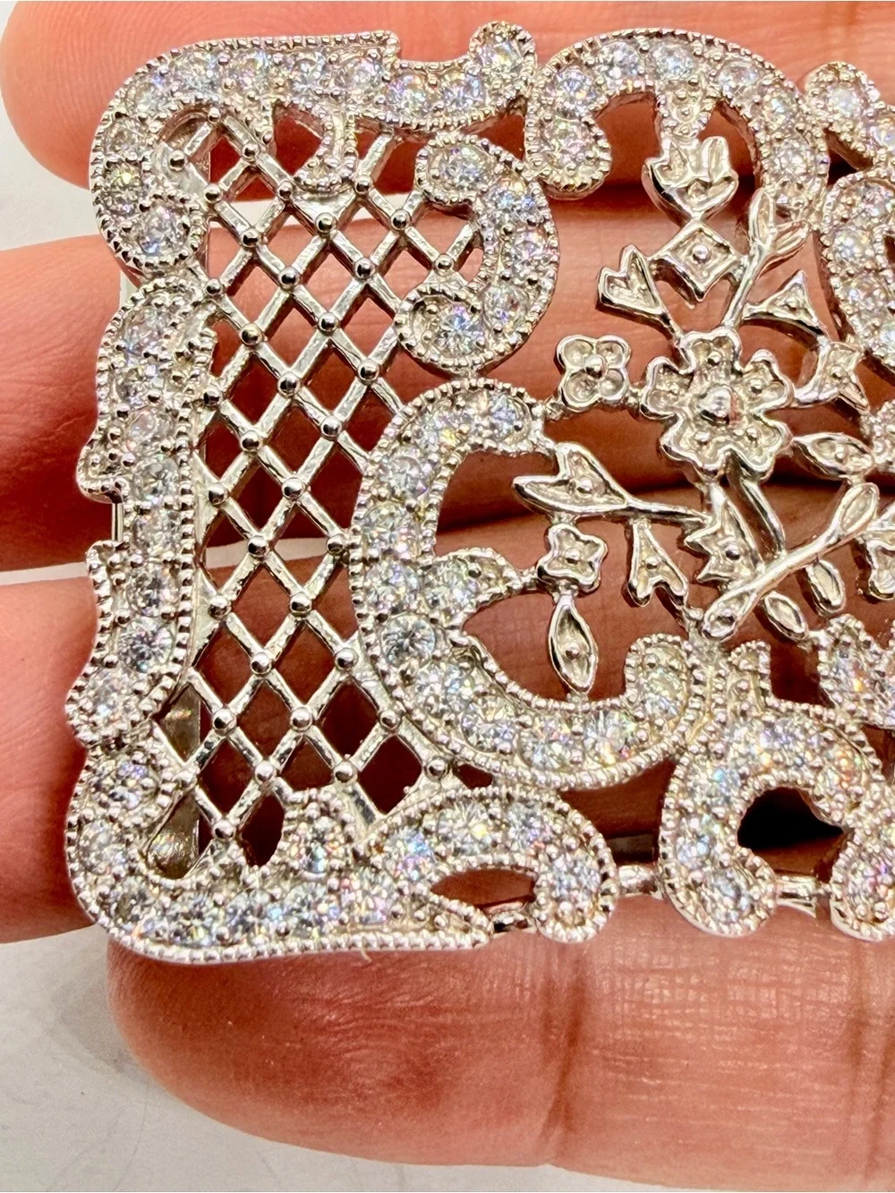 Joseph‎ Esposito ESPO 925 Silver CZ Gem Stones Belt Buckle Openwork Floral Motif